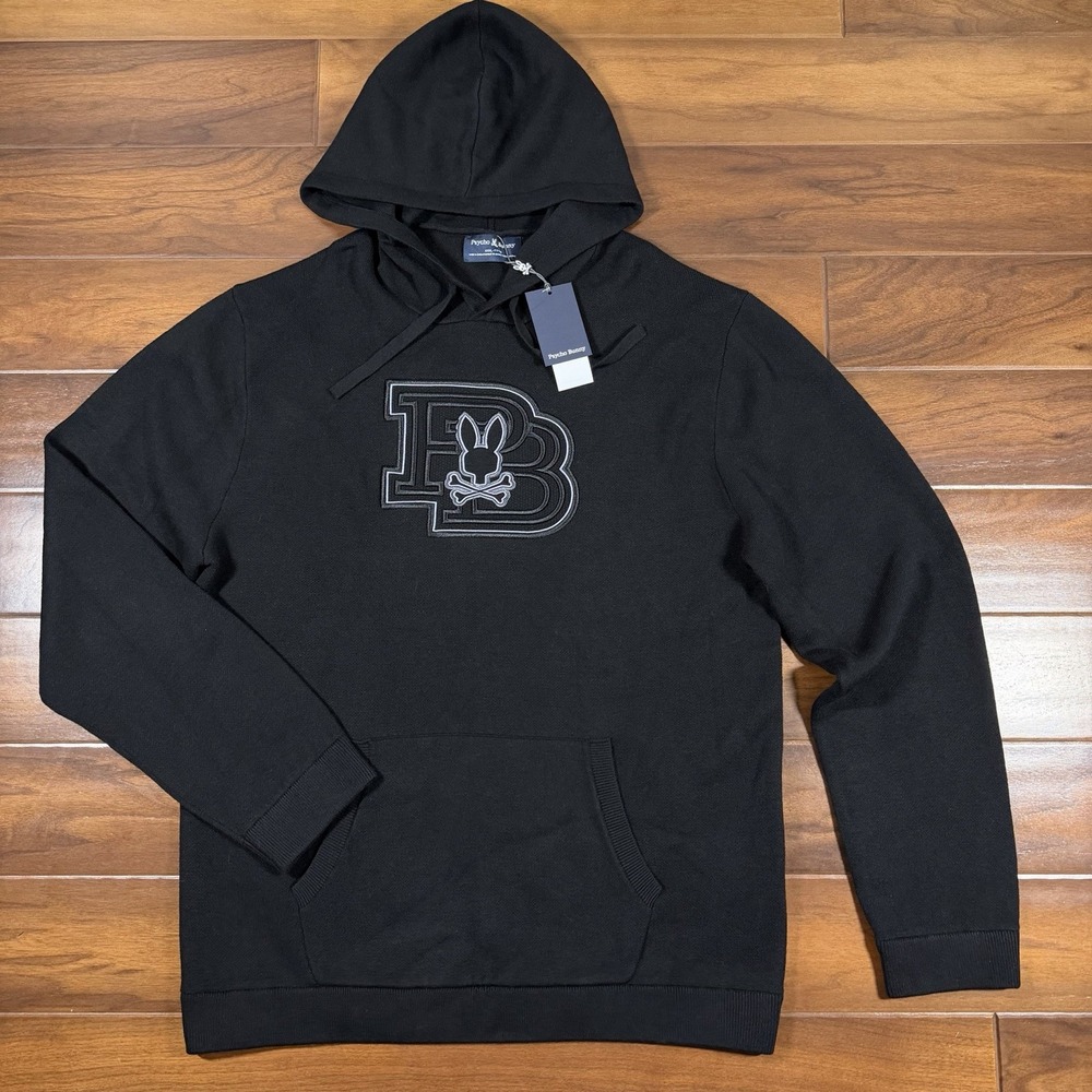 Psycho Bunny Men's Size XXXL Black Marlon Wool Blend Hoodie Sweater Sweatshirt